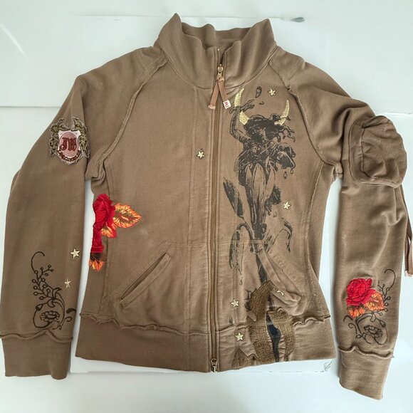 Johnny Was Los Angeles Khaki Two-Way Zip Hoodie Medium - Picture 3 of 13